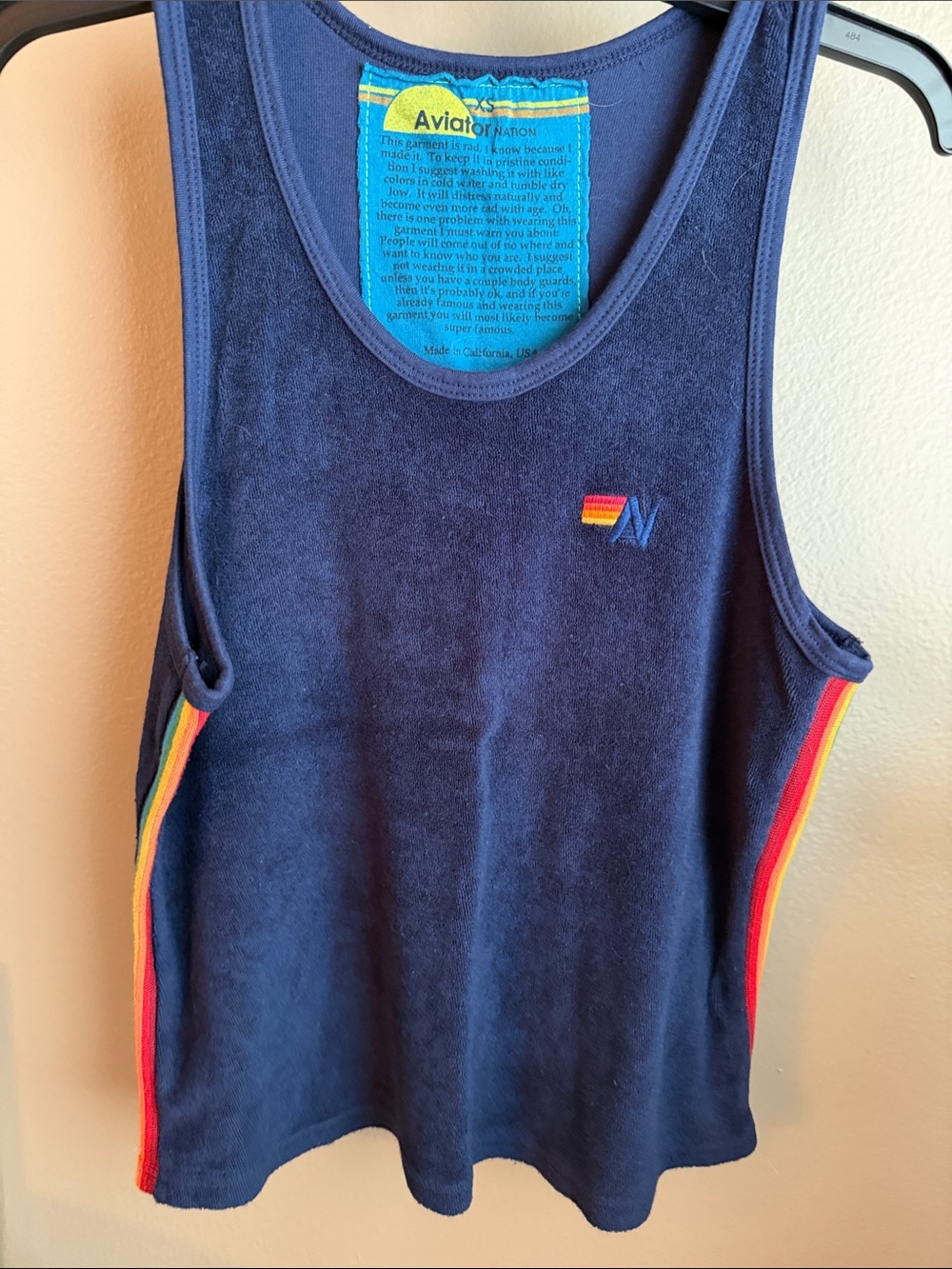 Aviator Nation Navy Tank Top with Rainbow Side Stripes